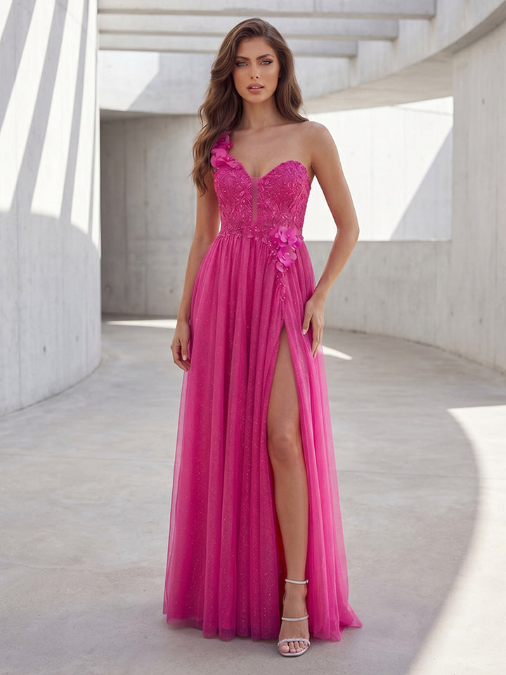 Tulle Mermaid One Shoulder Lace Appliques Pleats Formal Dresses with Slit