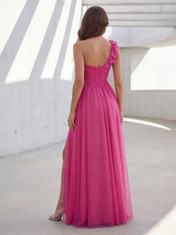 Tulle Mermaid One Shoulder Lace Appliques Pleats Formal Dresses with Slit