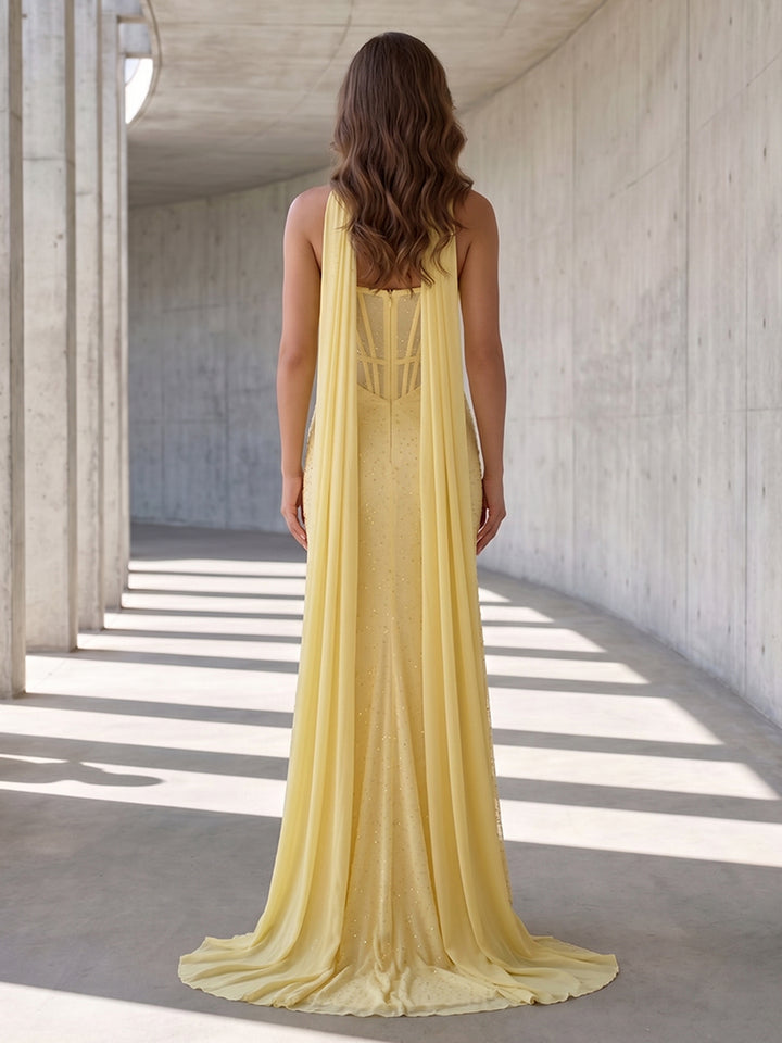 Chiffon Mermaid Strapless Ruched Front Slit Formal Dresses with Scarf