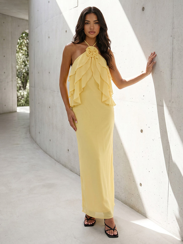 Chiffon Sheath Halter Backless Ruffles 3D Flowers Formal Dresses