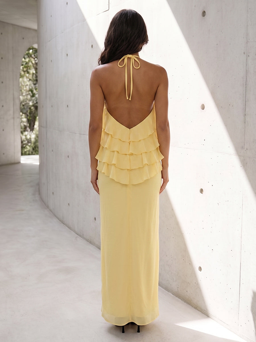 Chiffon Sheath Halter Backless Ruffles 3D Flowers Formal Dresses