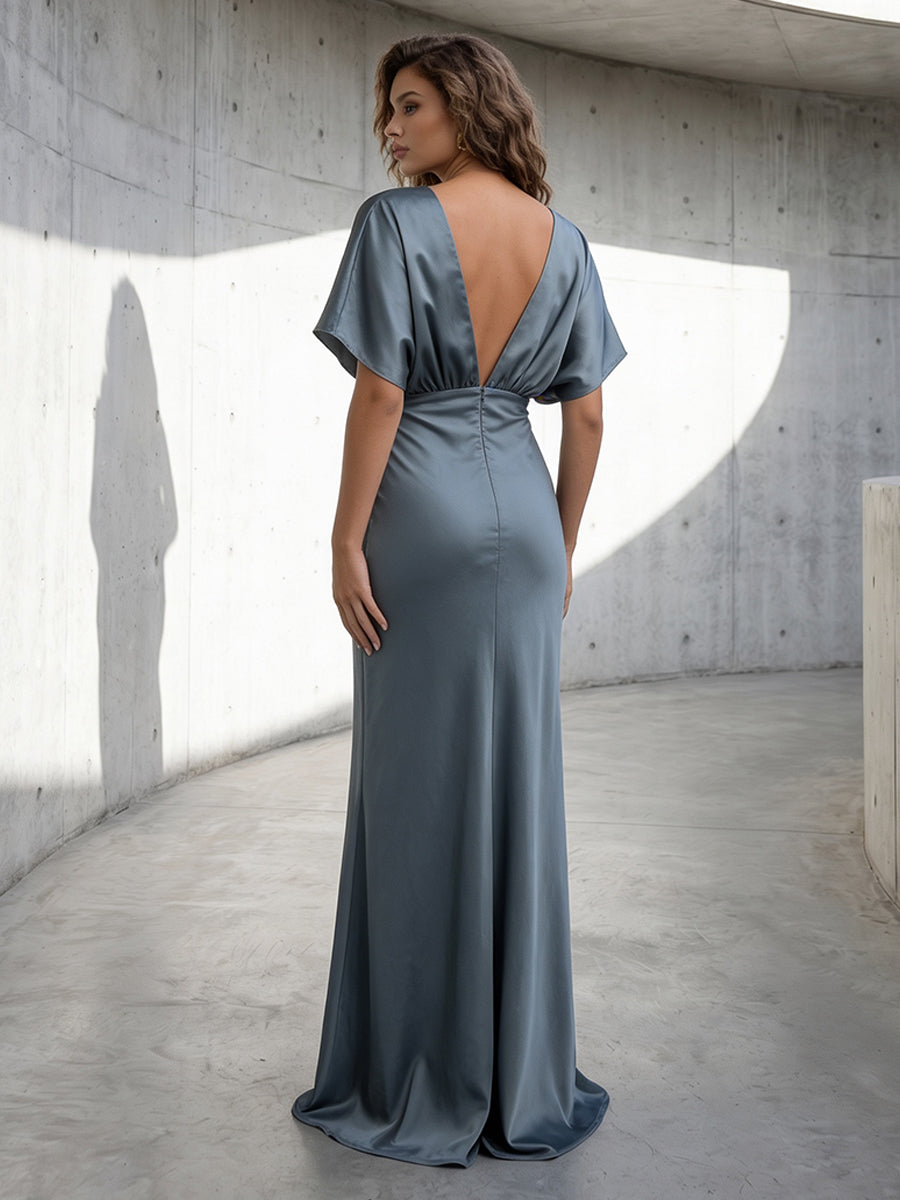 Chiffon A Line V Neck Pleats Backless High Waist Formal Dresses