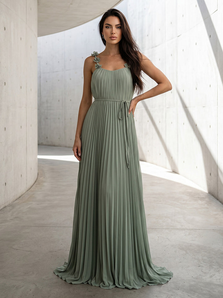 Chiffon A Line Spaghetti Straps Pleats Formal Dresses with 3D Flowers