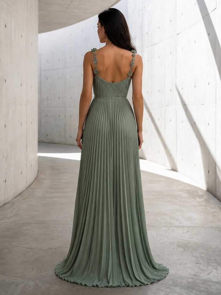 Chiffon A Line Spaghetti Straps Pleats Formal Dresses with 3D Flowers