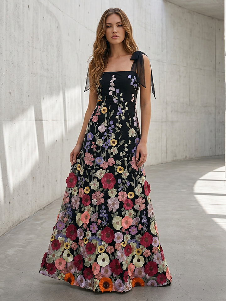 Tulle A Line Square Neck Floral Embroidery with Bow Straps Formal Dresses
