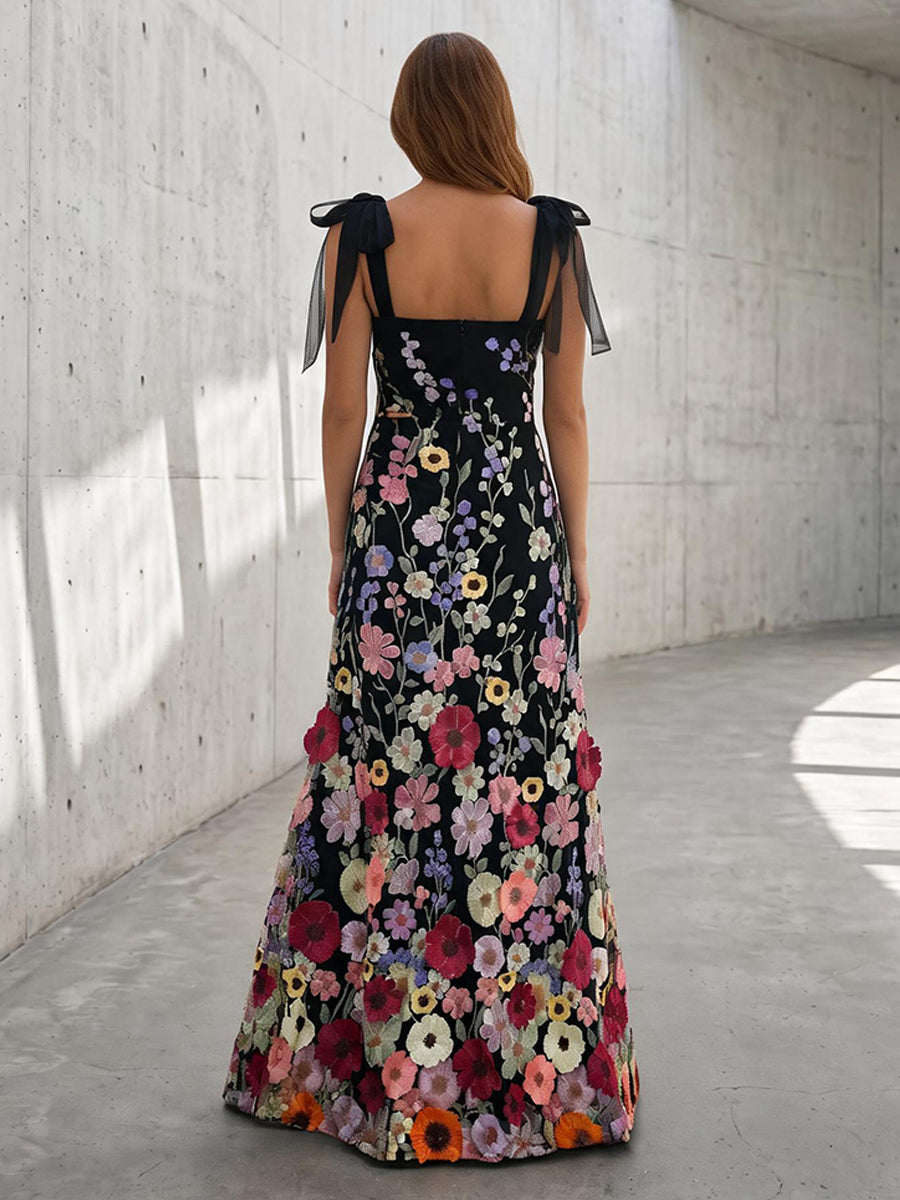 Tulle A Line Square Neck Floral Embroidery with Bow Straps Formal Dresses
