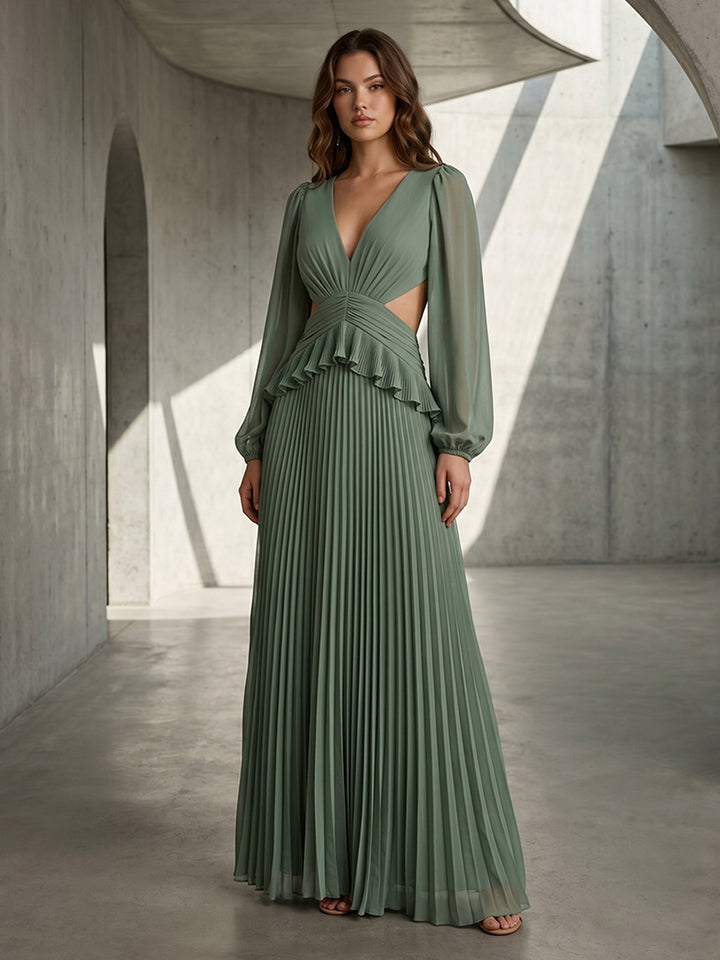 Chiffon A Line Long Sleeves V Neck Pleats Cut Out Formal Dresses