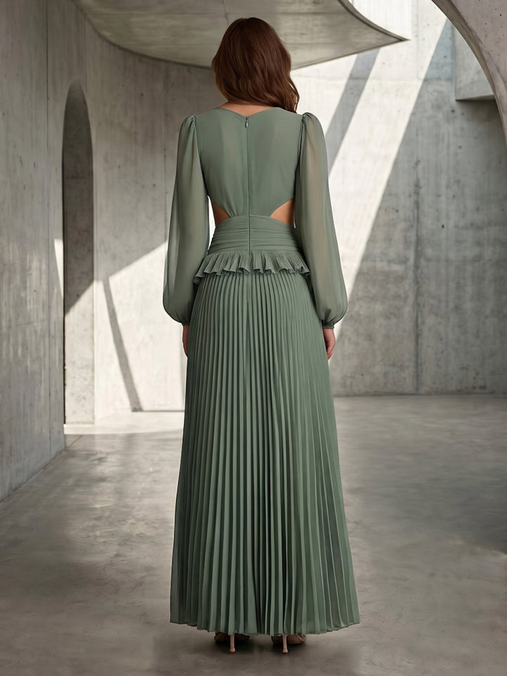 Chiffon A Line Long Sleeves V Neck Pleats Cut Out Formal Dresses