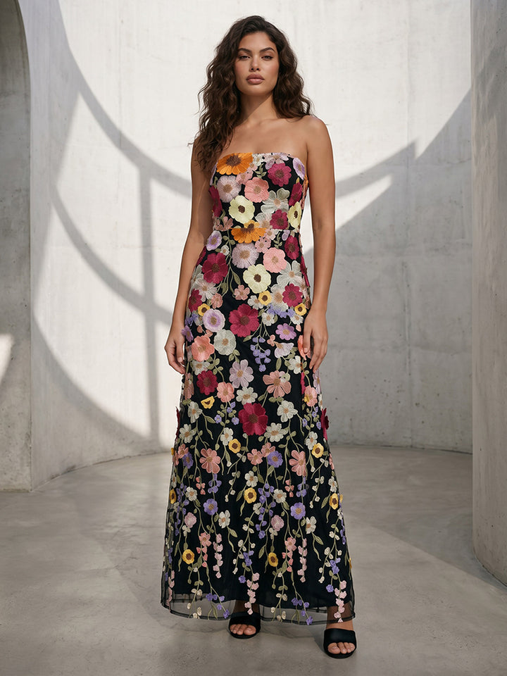 Tulle A Line Strapless Sleeveless Floral Embroidery Formal Dresses