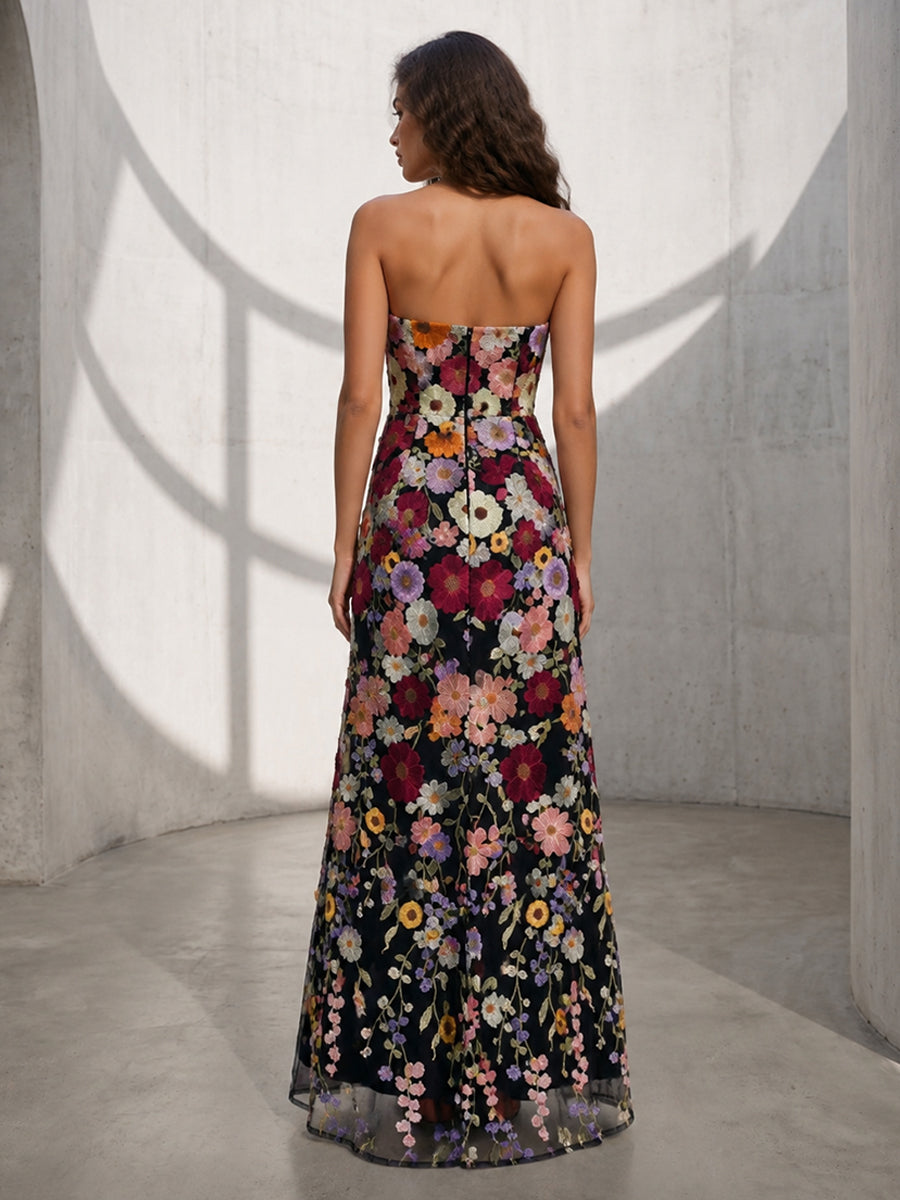 Tulle A Line Strapless Sleeveless Floral Embroidery Formal Dresses