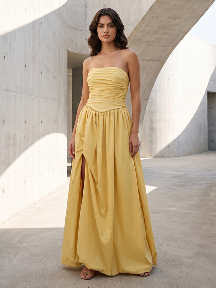 Satin A Line Pleats Strapless Ruched Formal Dresses with Slit