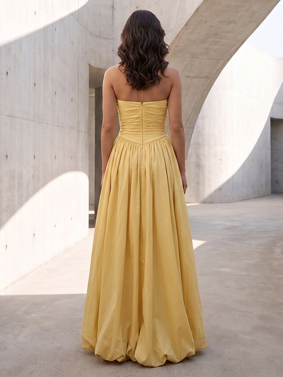 Satin A Line Pleats Strapless Ruched Formal Dresses with Slit