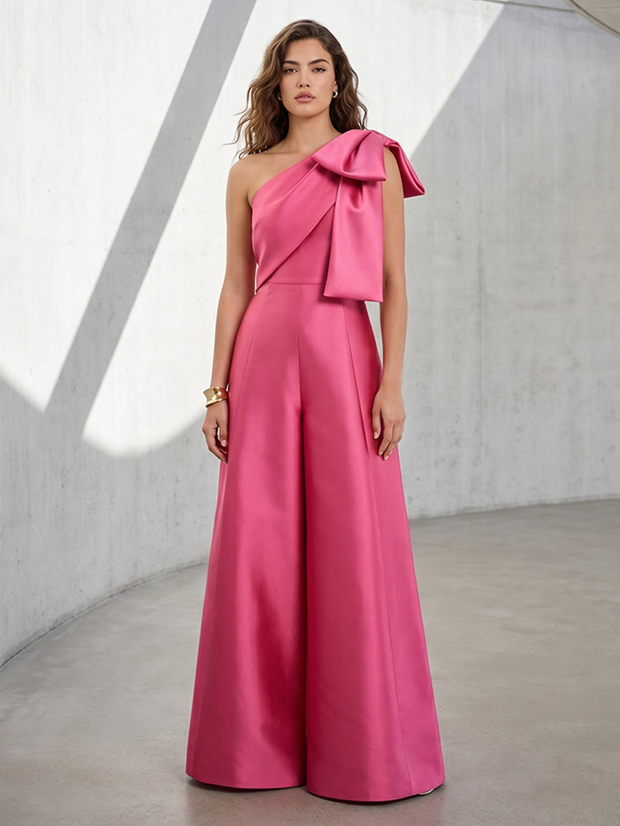 Satin A Line One Shoulder Bow Straps Ruched Formal Pantsuits