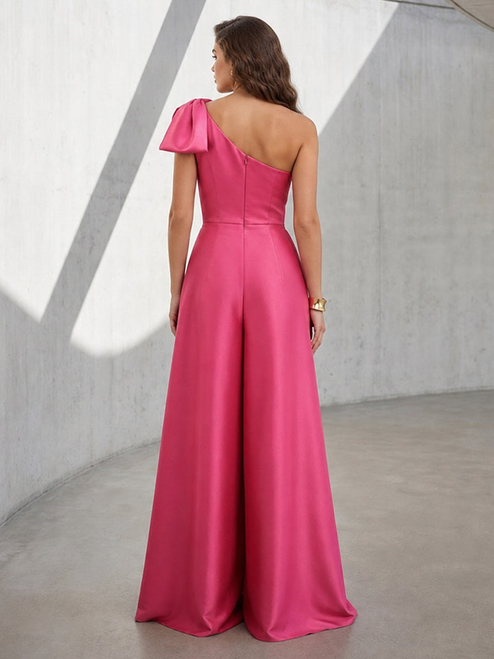 Satin A Line One Shoulder Bow Straps Ruched Formal Pantsuits