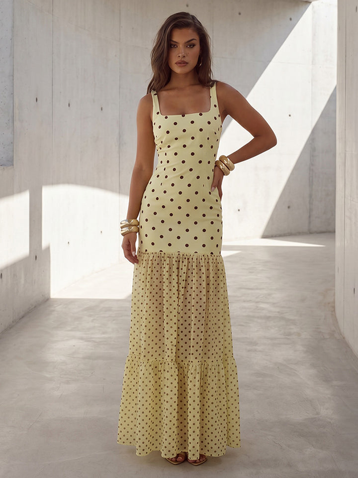 Satin Sheath Square Neck Splicing Polka Dot Formal Dresses