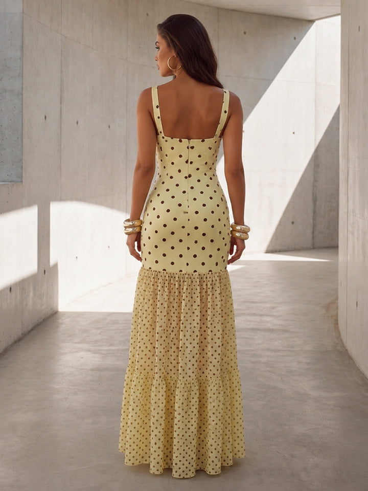 Satin Sheath Square Neck Splicing Polka Dot Formal Dresses