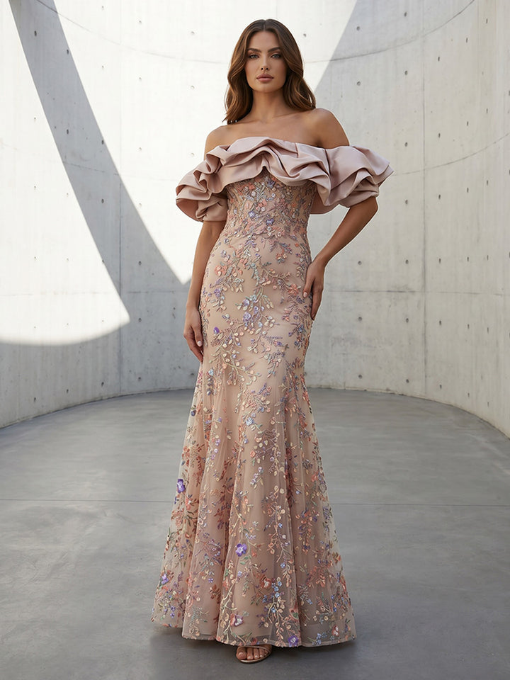 Tulle Mermaid Off the Shoulder Ruffles Floral Embroidery Formal Dresses