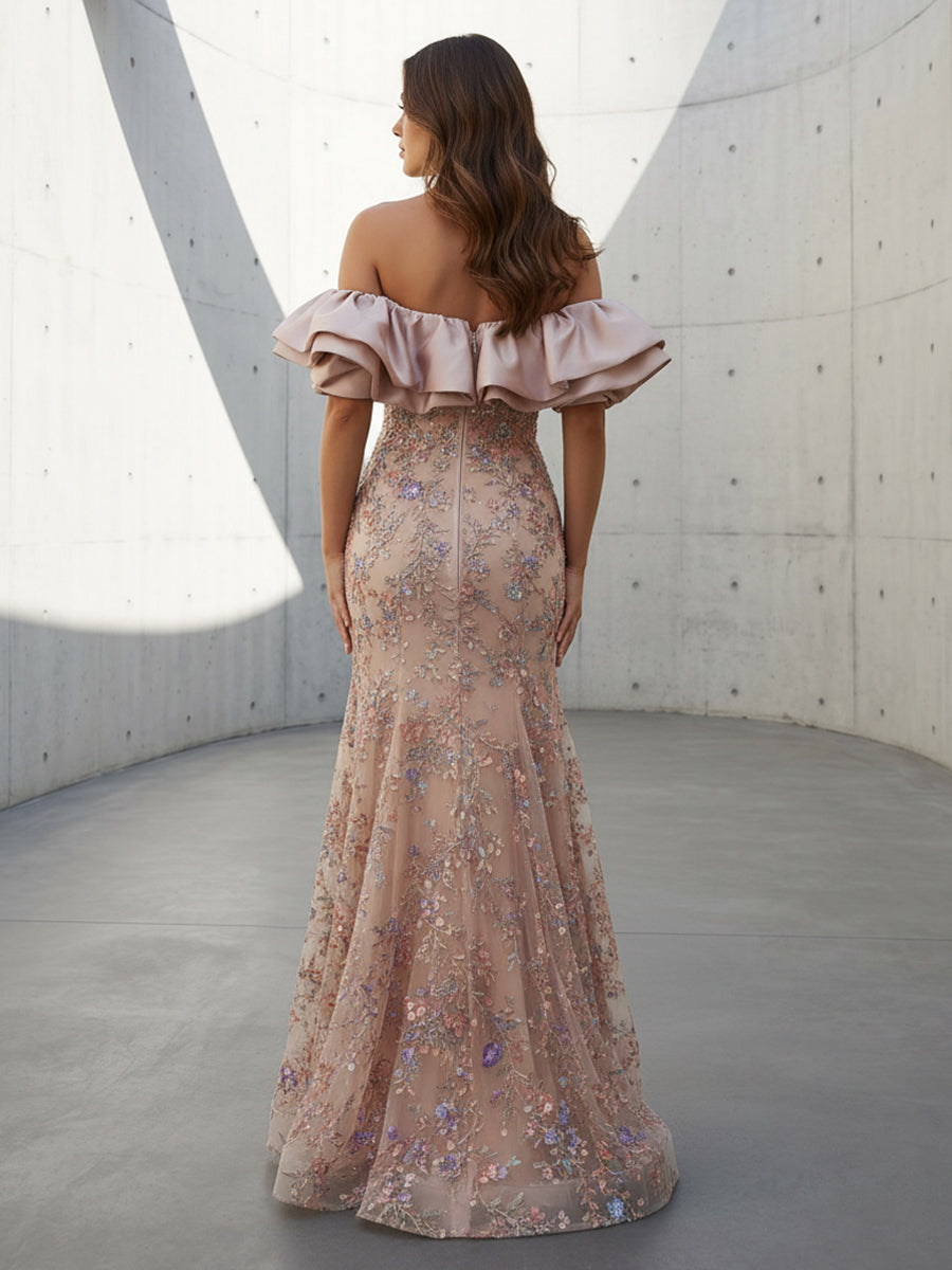 Tulle Mermaid Off the Shoulder Ruffles Floral Embroidery Formal Dresses
