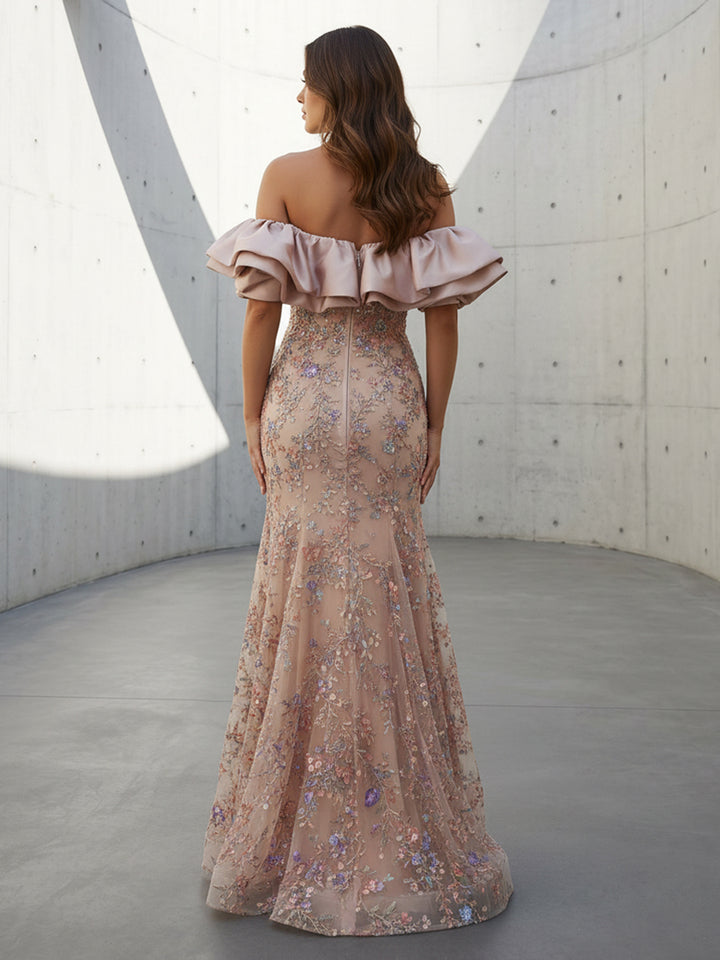 Tulle Mermaid Off the Shoulder Ruffles Floral Embroidery Formal Dresses