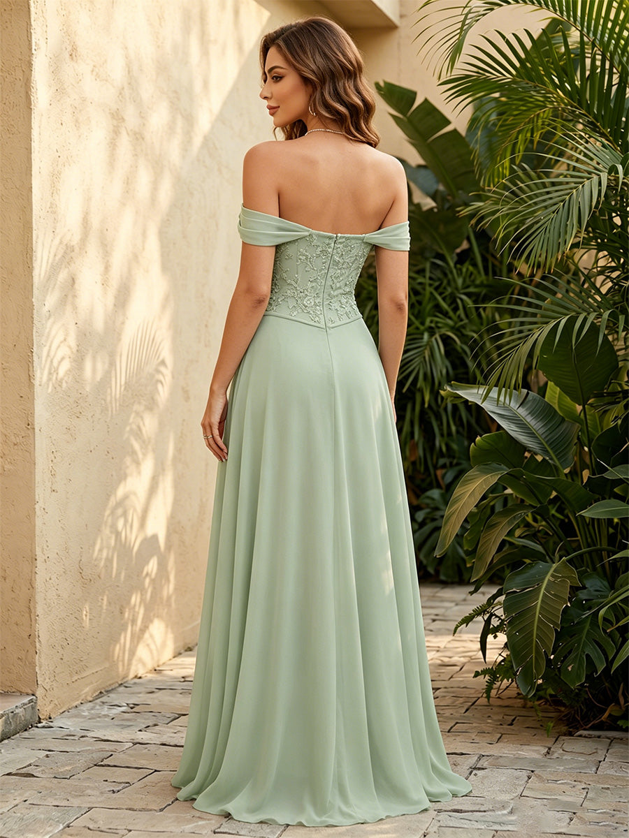 Chiffon A Line Off the Shoulder Lace Appliques Ruched Formal Dresses with Slit
