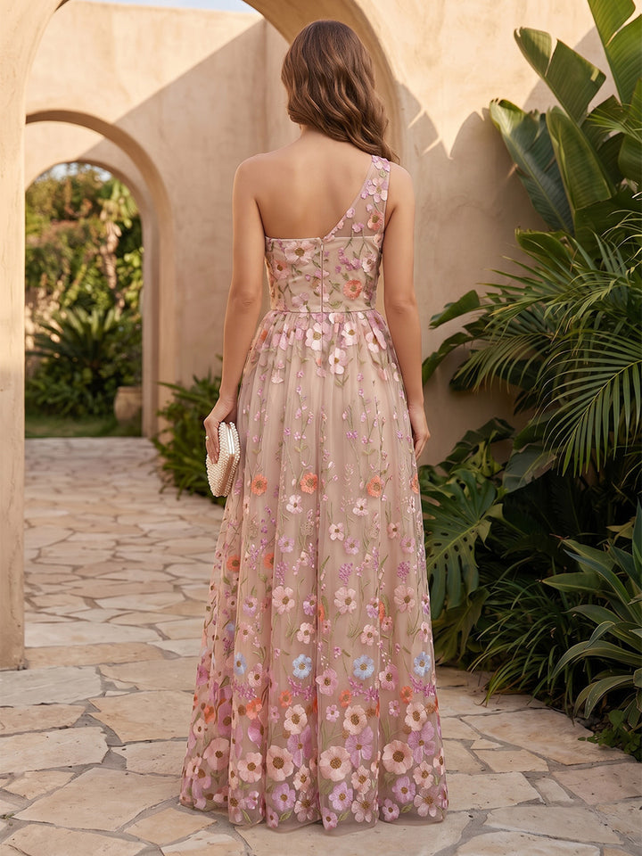 Tulle A Line One Shoulder Floral Embroidery Pleats Formal Dresses with Slit