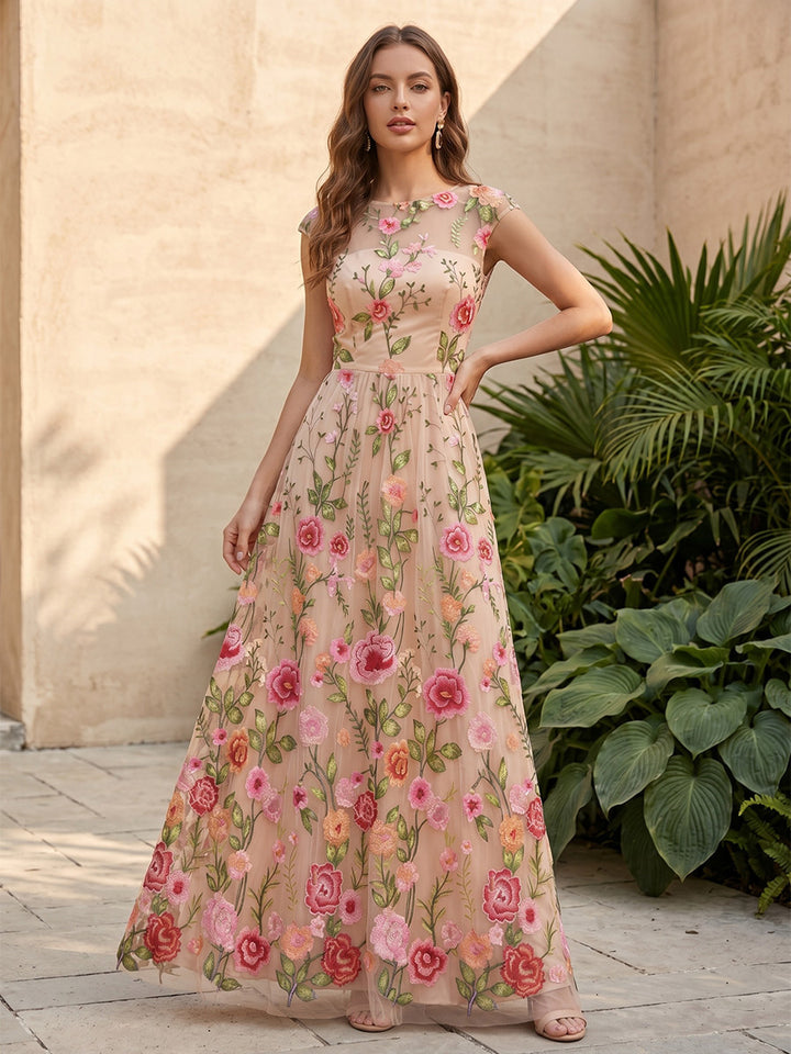 Tulle A Line Scoop Neck Floral Embroidery Pleats Formal Dresses