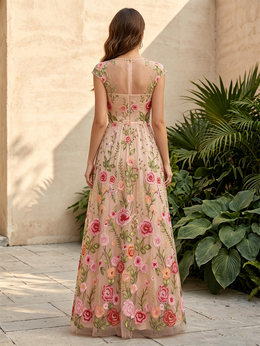 Tulle A Line Scoop Neck Floral Embroidery Pleats Formal Dresses