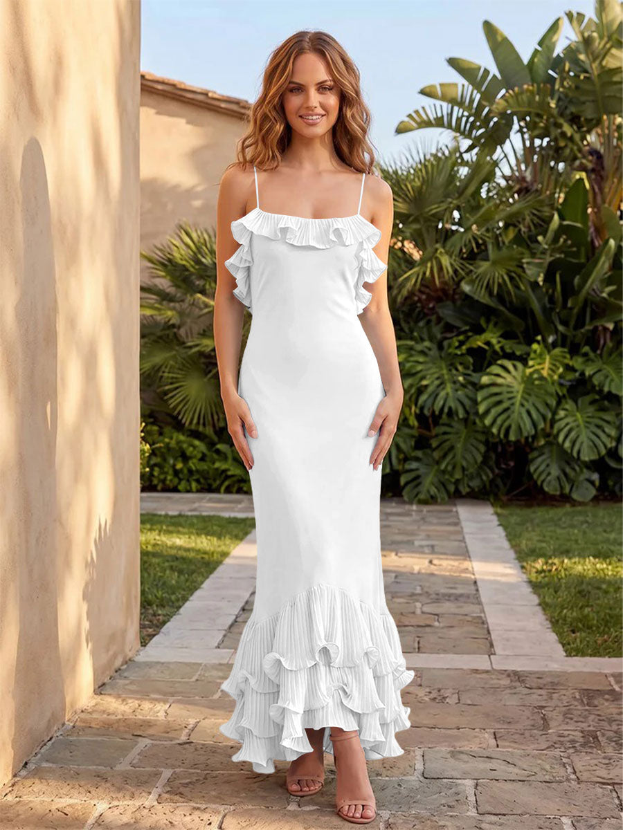 Stretch Mesh Mermaid Ruffles Spaghetti Straps Formal Dresses