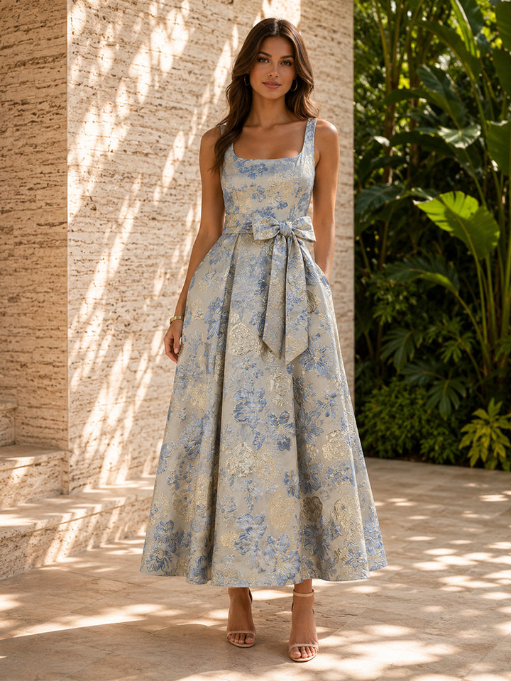 Jacquard A Line Square Neck Pleats Bow Evening Dresses with Pockets