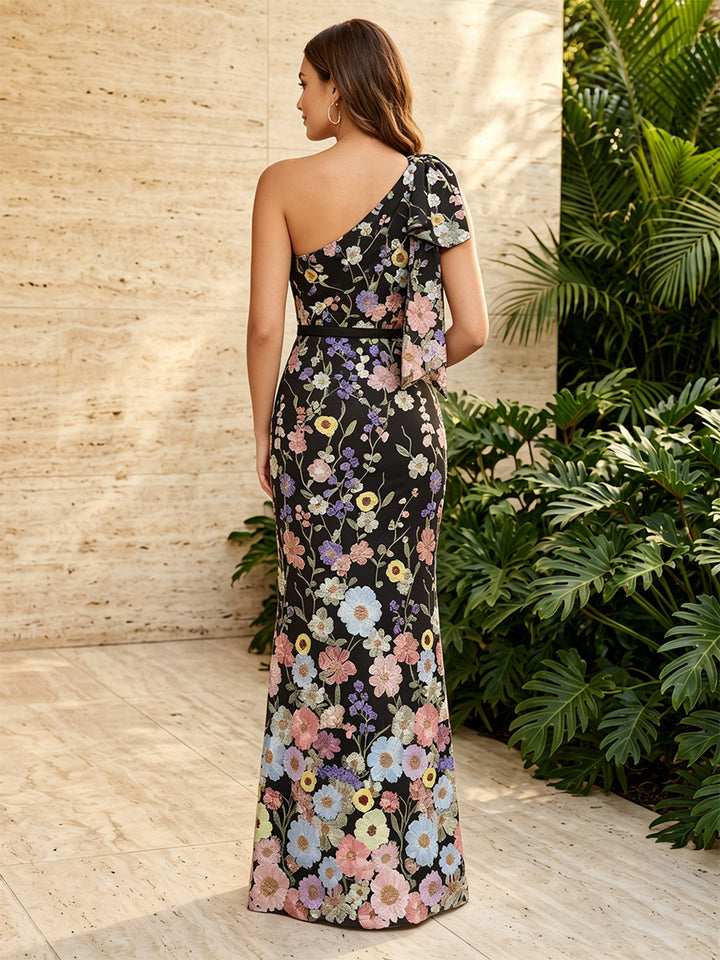 Tulle Mermaid One Shoulder Floral Embroidery Bow Straps Formal Dresses