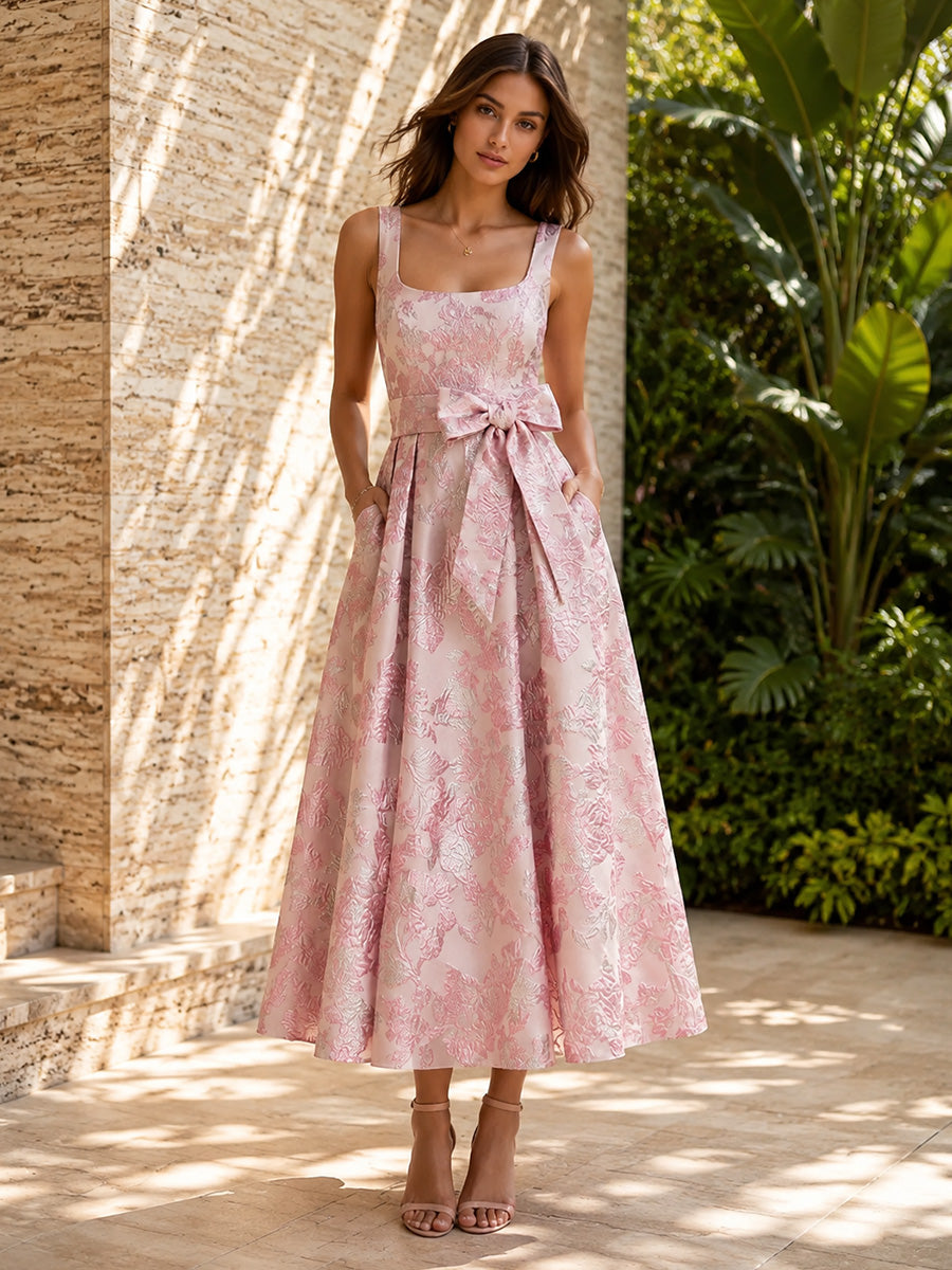 Jacquard A Line Square Neck Bow Ruched Evening Dresses with Pockets