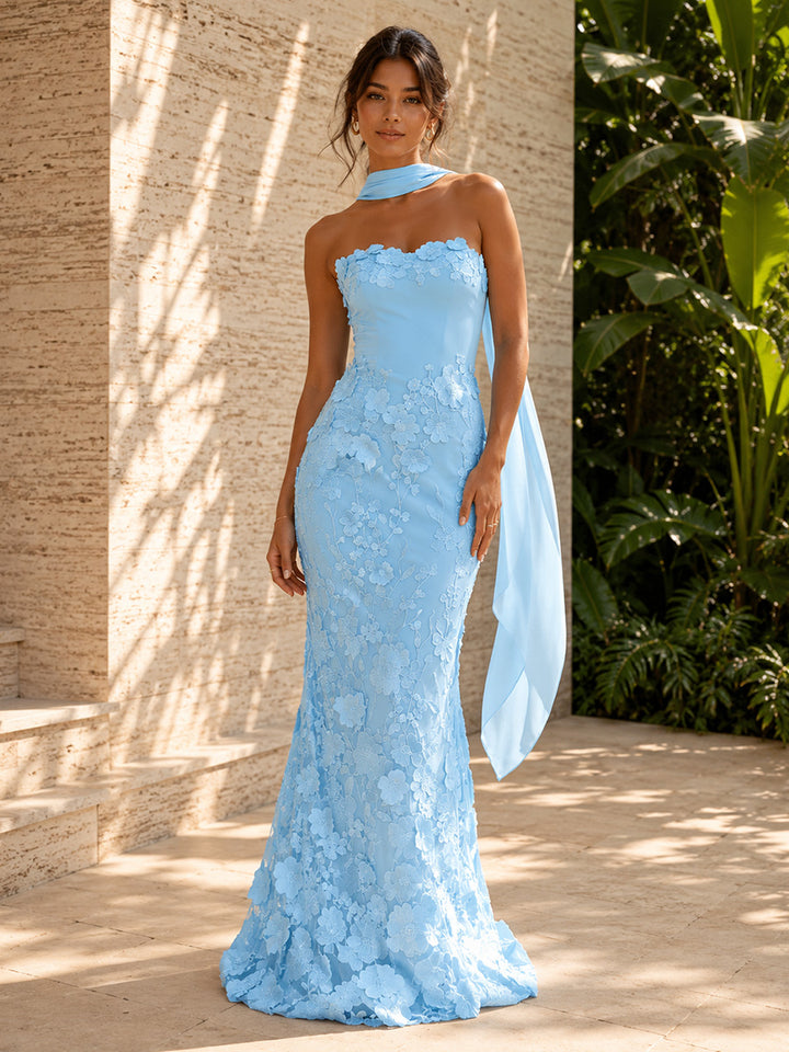 Tulle Mermaid Sweetheart 3D Flowers Formal Dresses with Scarf