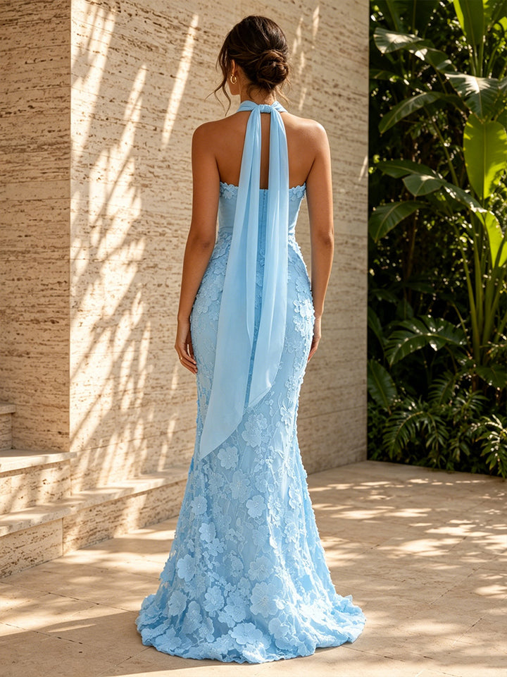 Tulle Mermaid Sweetheart 3D Flowers Formal Dresses with Scarf
