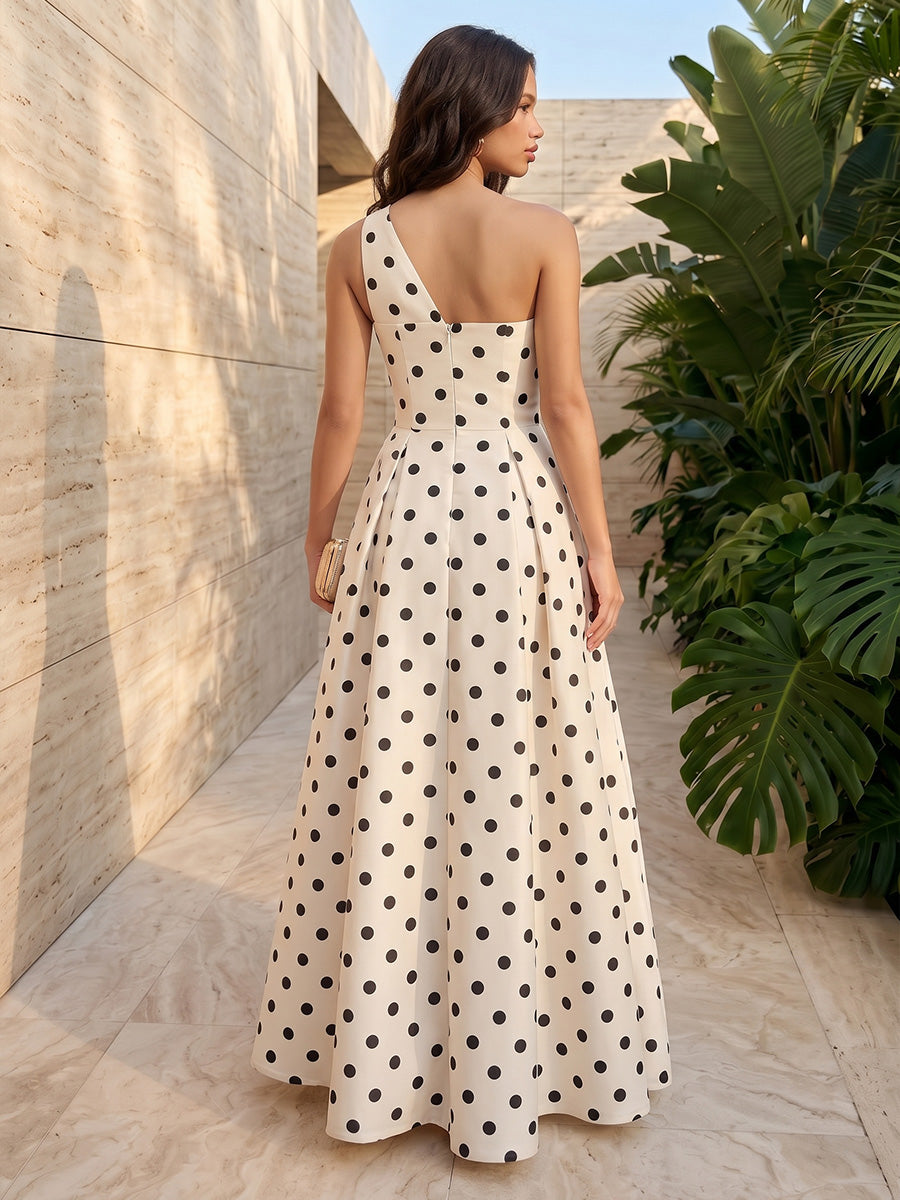 Satin A Line One Shoulder Fitted Waist Polka Dot Formal Dresses