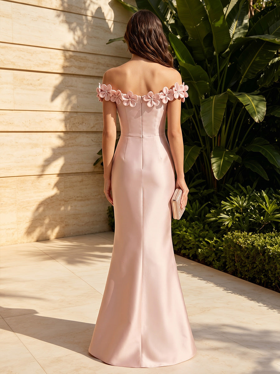 Satin Mermaid Off the Shoulder 3D Flowers Formal Dresses