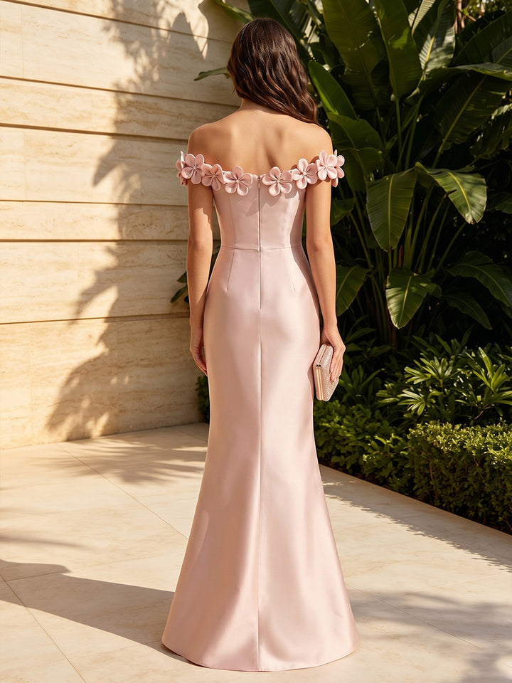 Satin Mermaid Off the Shoulder 3D Flowers Formal Dresses