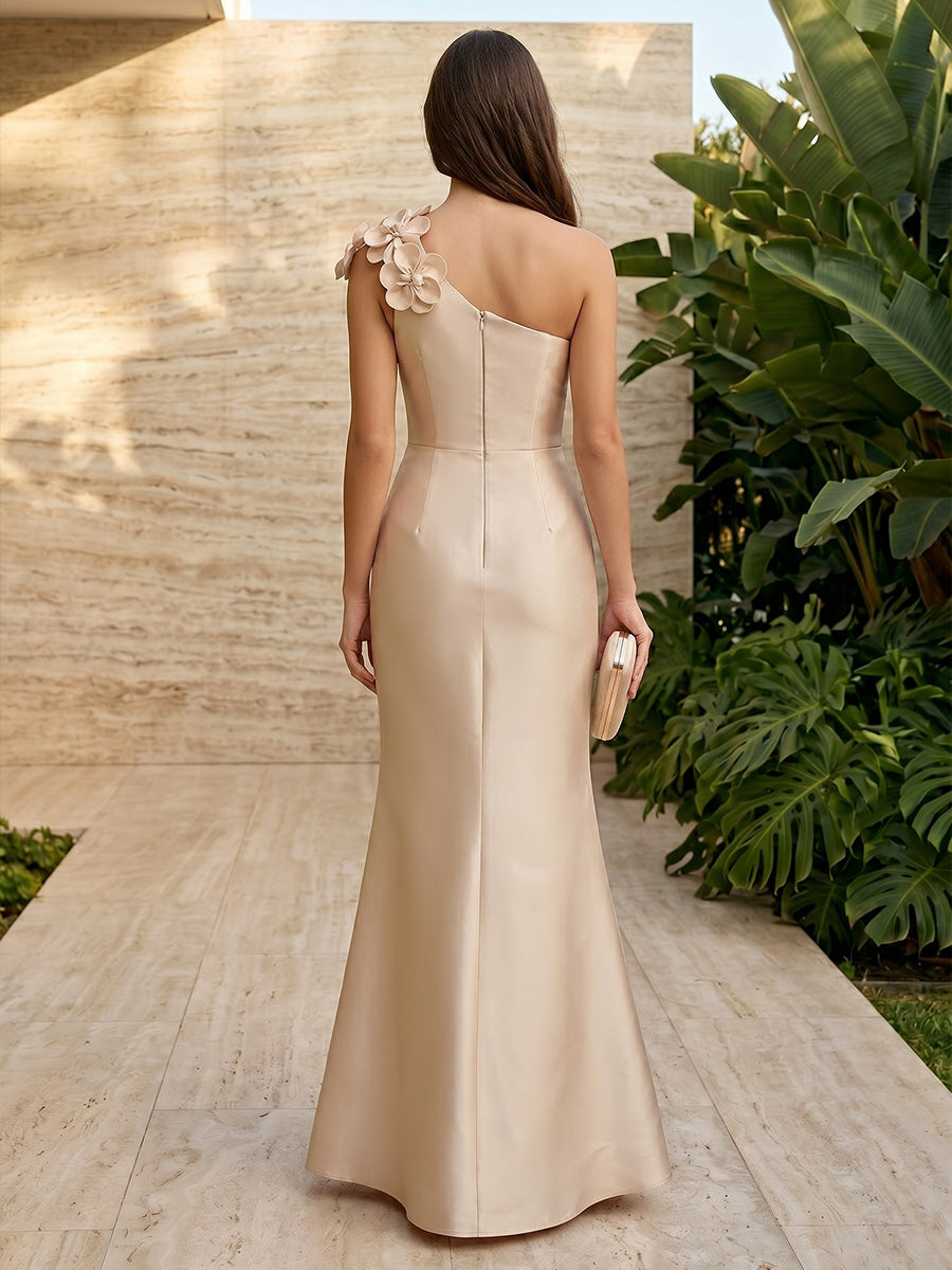 Satin Mermaid One Shoulder 3D Flowers Formal Dresses for Women