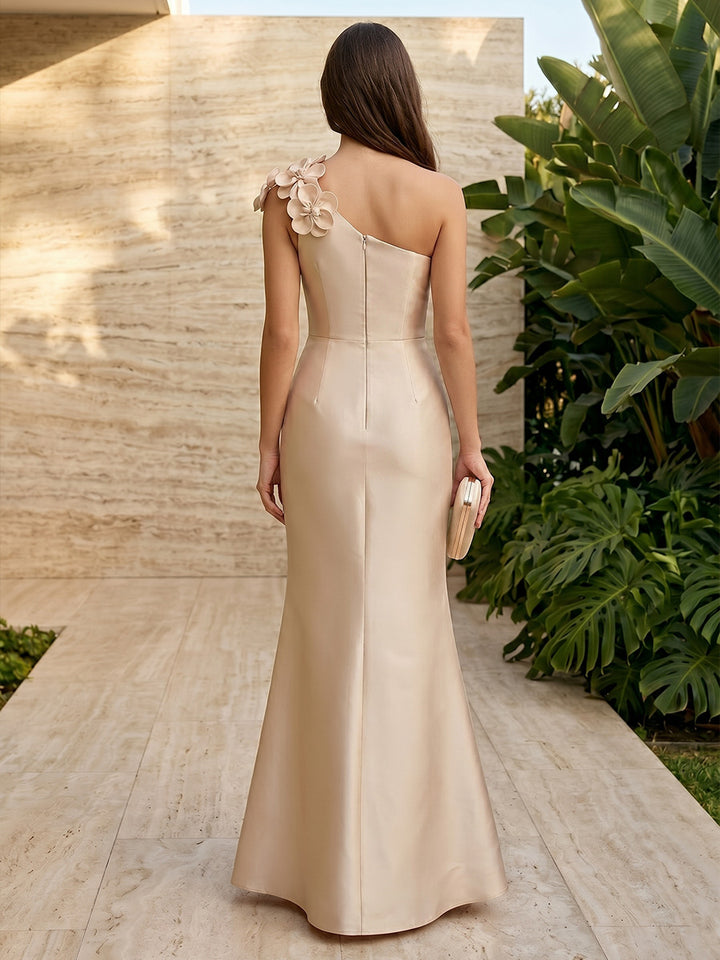 Satin Mermaid One Shoulder 3D Flowers Formal Dresses for Women