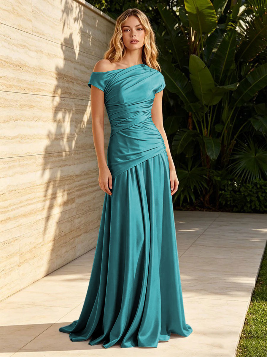 Satin Sheath Off the Shoulder Pleats Ruched Formal Dresses for Women