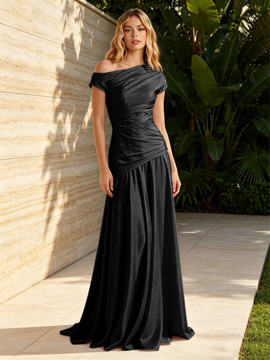 Satin Sheath Off the Shoulder Pleats Ruched Formal Dresses for Women