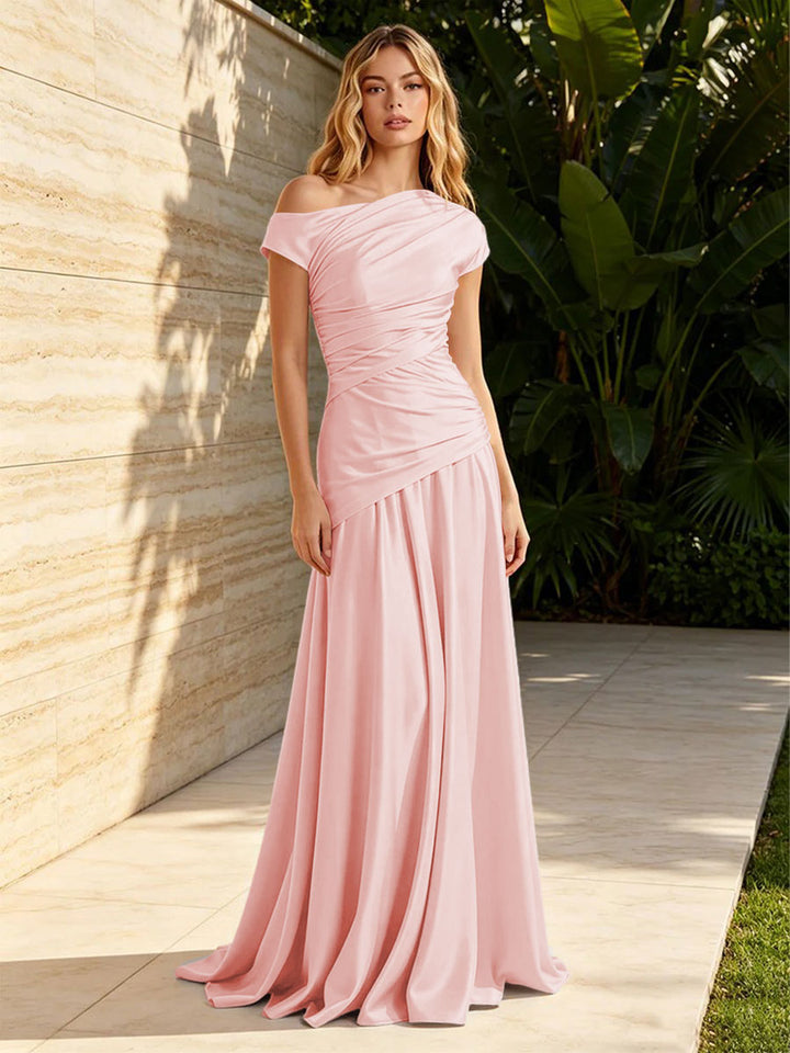 Satin Sheath Off the Shoulder Pleats Ruched Formal Dresses for Women