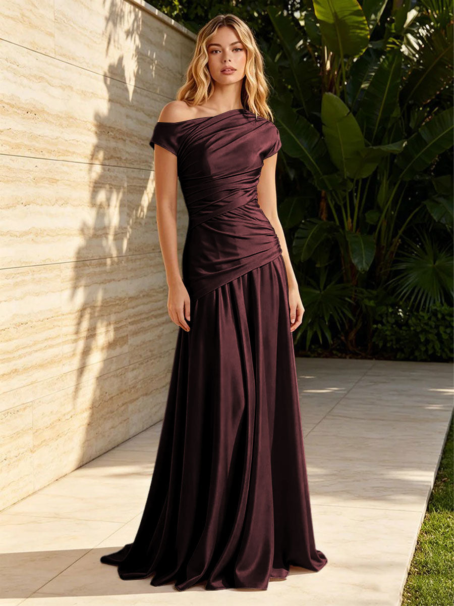 Satin Sheath Off the Shoulder Pleats Ruched Formal Dresses for Women