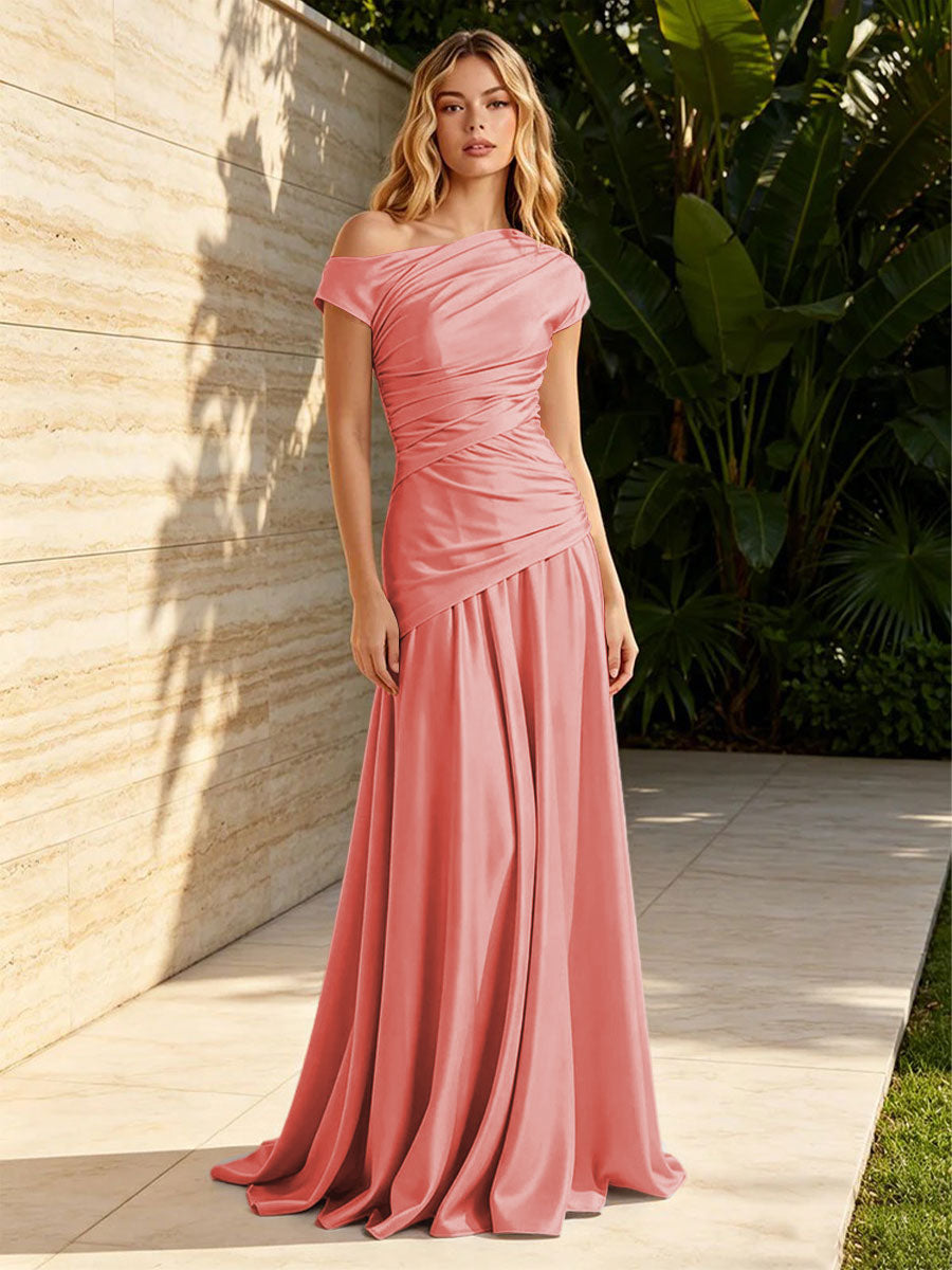 Satin Sheath Off the Shoulder Pleats Ruched Formal Dresses for Women