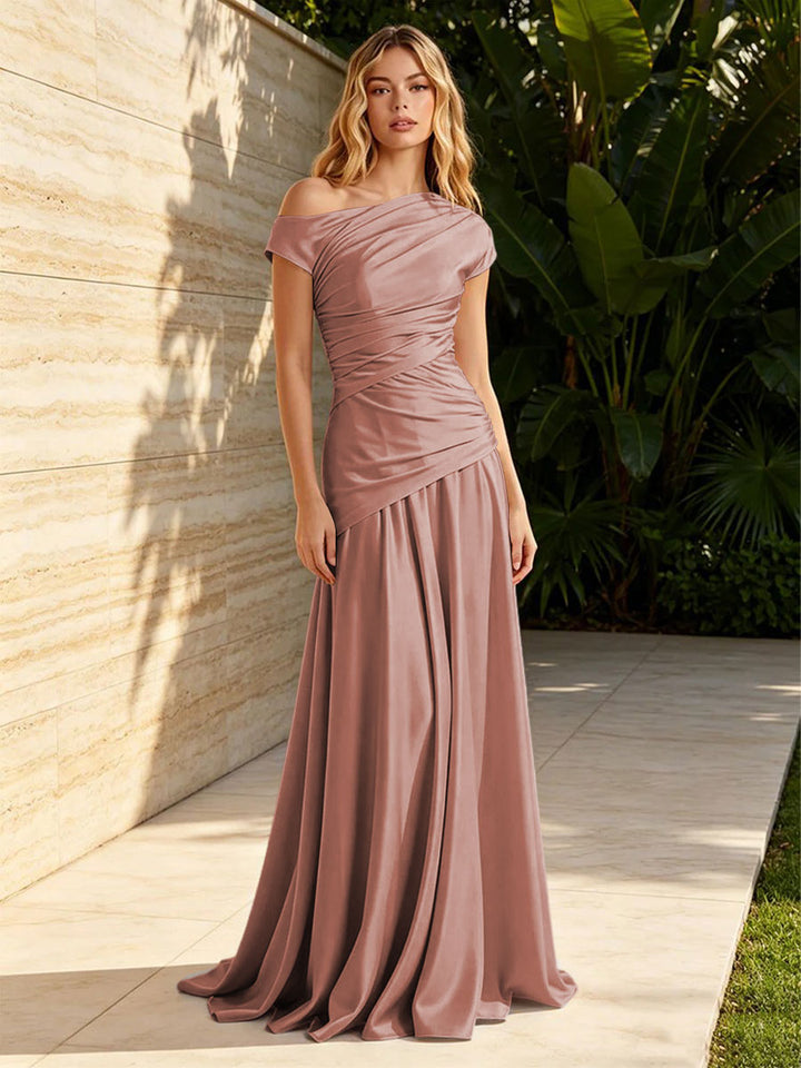 Satin Sheath Off the Shoulder Pleats Ruched Formal Dresses for Women