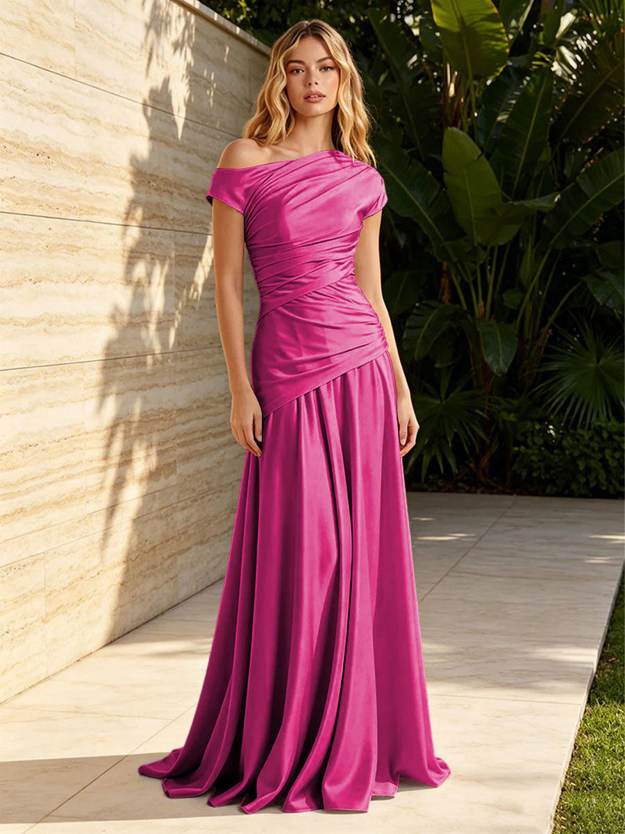 Satin Sheath Off the Shoulder Pleats Ruched Formal Dresses for Women
