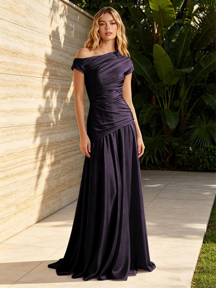 Satin Sheath Off the Shoulder Pleats Ruched Formal Dresses for Women