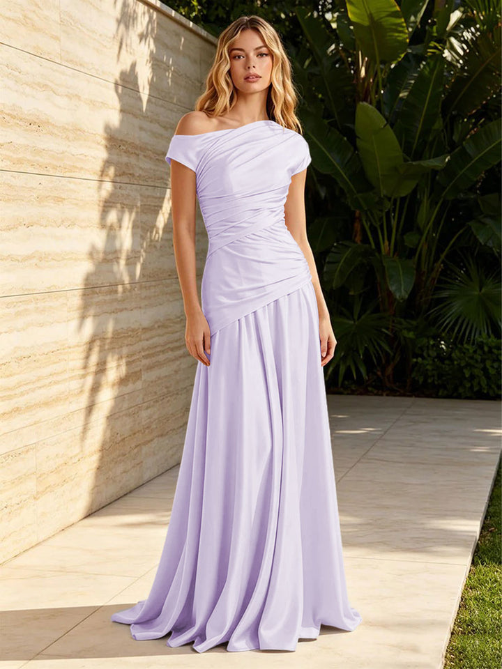 Satin Sheath Off the Shoulder Pleats Ruched Formal Dresses for Women
