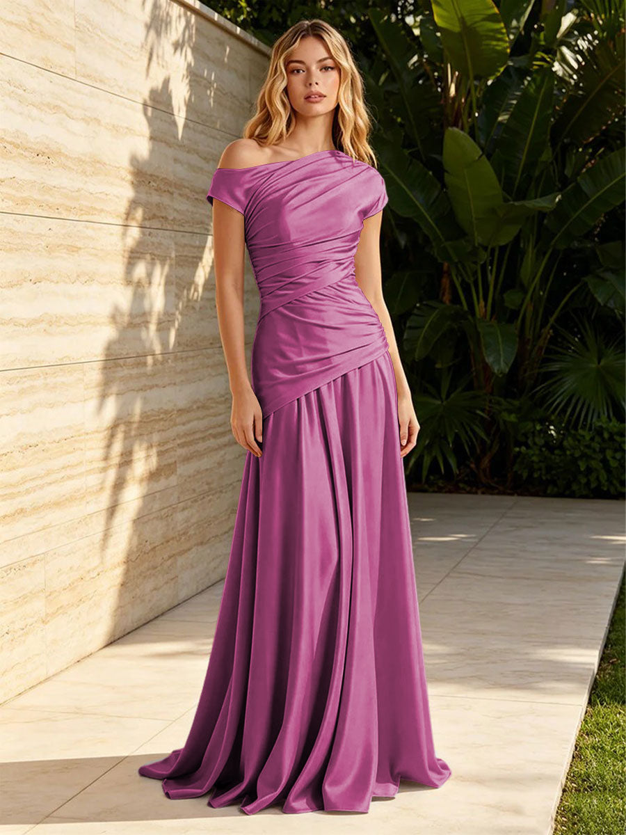 Satin Sheath Off the Shoulder Pleats Ruched Formal Dresses for Women