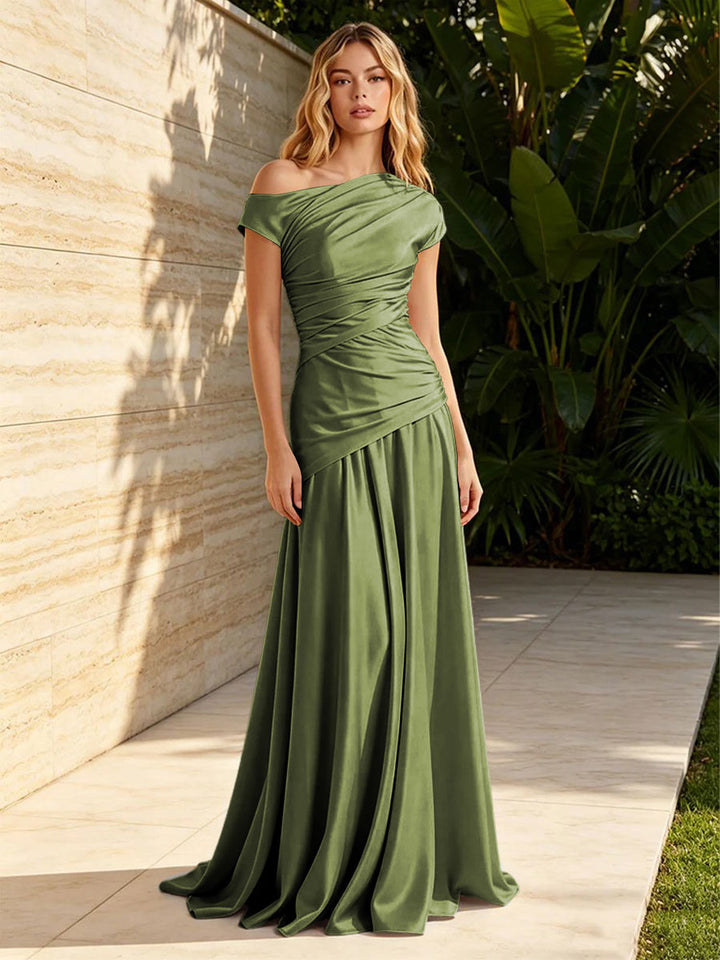 Satin Sheath Off the Shoulder Pleats Ruched Formal Dresses for Women