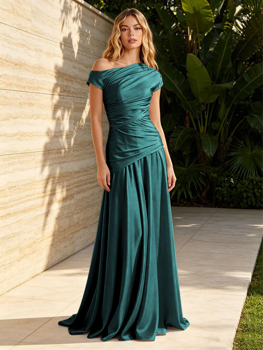 Satin Sheath Off the Shoulder Pleats Ruched Formal Dresses for Women